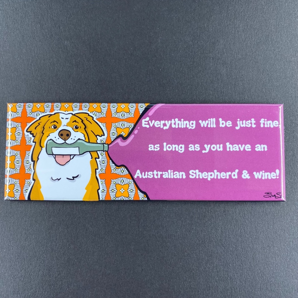 Red Tricolor Australian Shepherd Dog and Wine Magnet Handmade Bar Decor & Gifts